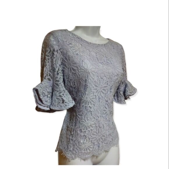 NANETTE LEPORE- SPRING FLING TOP IN SKY BLUE LACEY BELL SLEEVE CLASSY BLOUSE XS - Picture 3 of 14